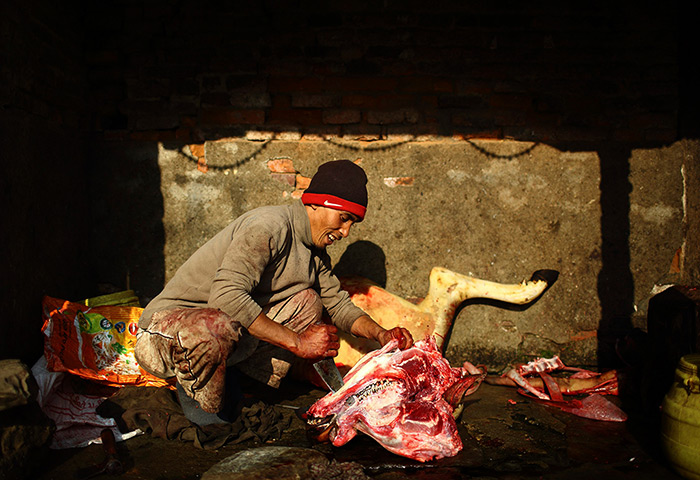 24 hours in pictures: A butcher slices meat from the head of a buffalo