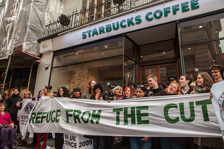 Year in business: Protesters at the Vigo Street branch of Starbucks 