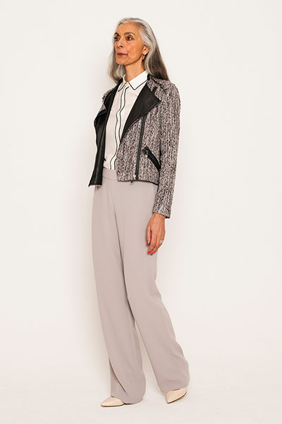 All Ages: Grey: Pam wears shirt, Banana Republic. Blazer, River Island.