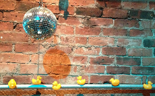xmasculture: Mirror ball and duck decorations at The Arches in Glasgow