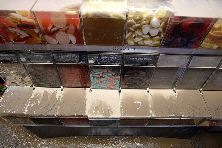 Wet weather: Flood-damaged stock in a newsagents in Braunton, Devon