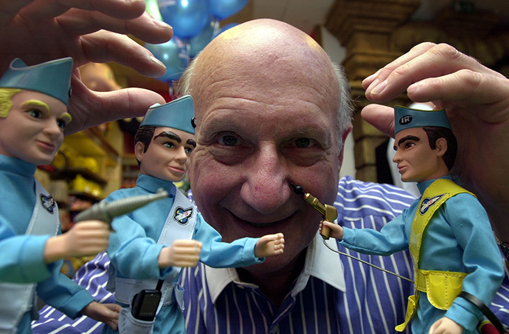 Gerry Anderson: Gerry Anderson with Thunderbirds characters at Hamley's toy store