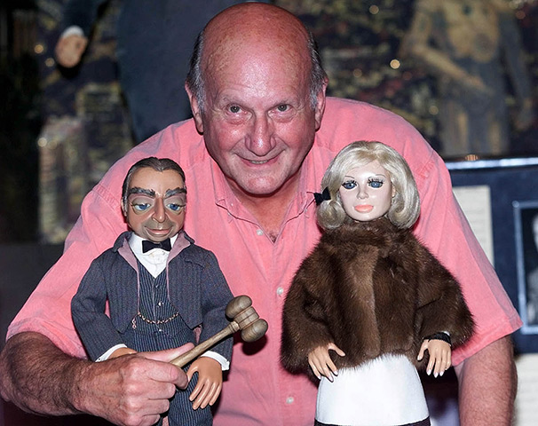 Gerry Anderson: Gerry Anderson with puppets Parker and Lady Penelope at an auction