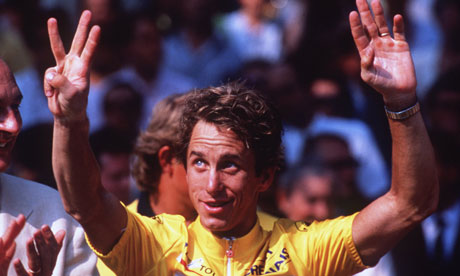Greg LeMond celebrating his third Tour de France victory in Paris, July 1990