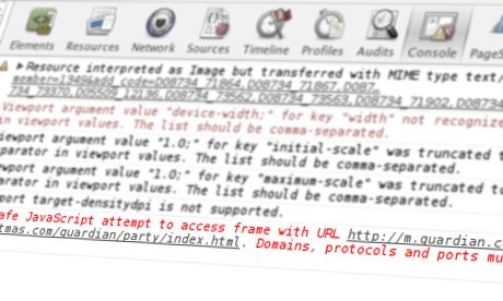 JavaScript warnings and errors running in the console of a web browser