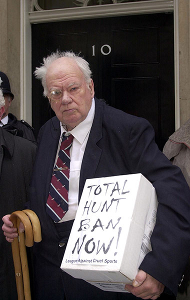 Patrick Moore, a dedicated anti-hunt campaigner, delivers a petition to No 10 renewing calls for a total ban on fox hunting in 2001