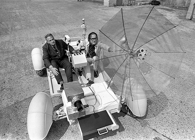 Patrick Moore and James Burke on a replica lunar rover