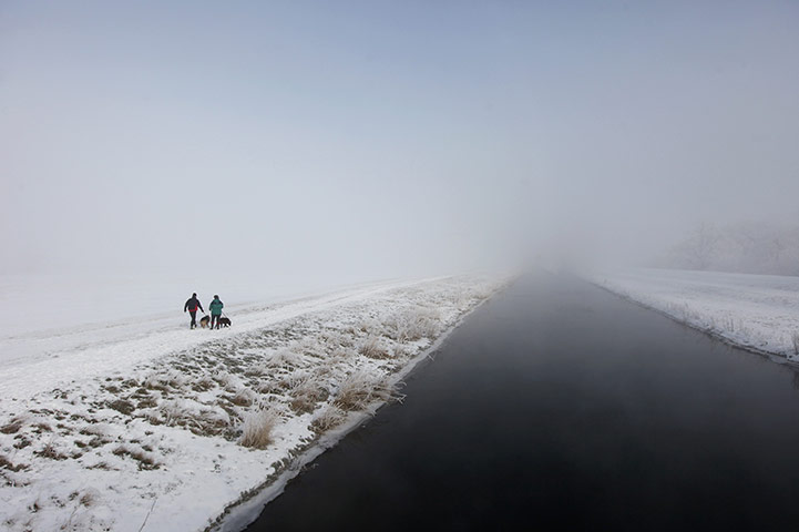 UK weather: A couple walk their dogs in Sutton