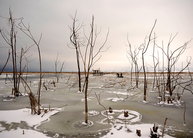 24 hours in pictures: Fishermen break the ice to save the fish at  the frozen Dojran lake
