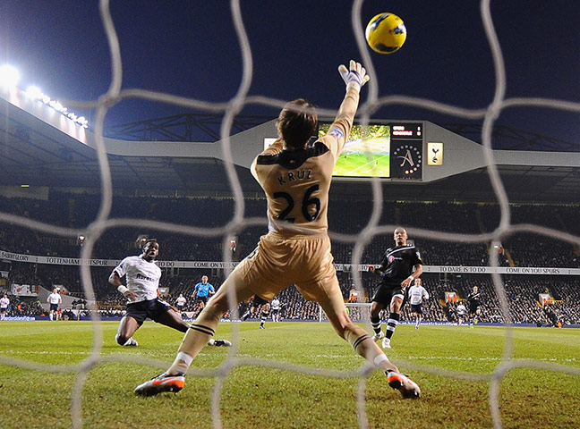 Prem round up: Spurs Louis Saha scores their second goal past Newcastle keeper Tim Krul 