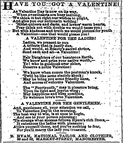 Valentine's day archive: Valentine advert from Guardian 1853