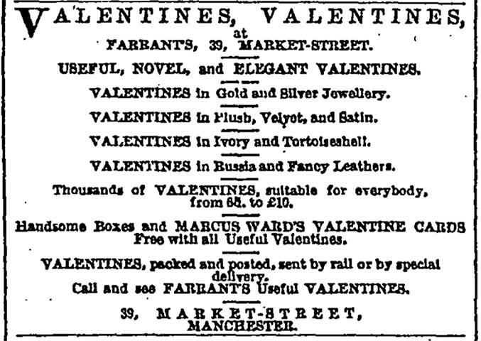 Valentine's day archive: Valentines cards ad from the Guardian 1882