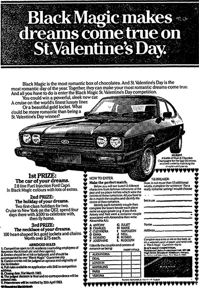 Valentine's day archive: black magic ad with ford capri prize 1983