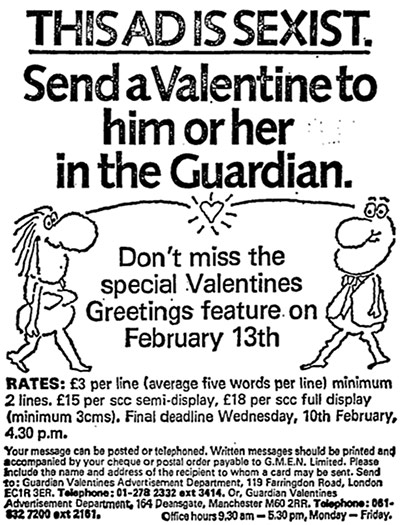 Valentine's day archive: this ad is sexist advert from guardian feb 1982