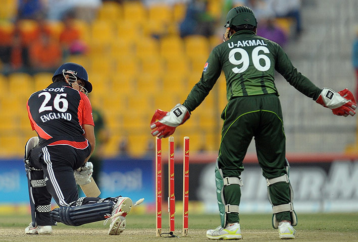 1st ODI: England's cricket captain Alastair Cook is bowled by Pakistan's Saeed Ajmal