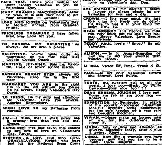Valentine's day archive: 1975 Guardian personal column valentine's day