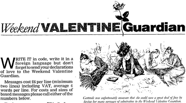 Valentine's day archive: 1993 Guardian valentine column ad 