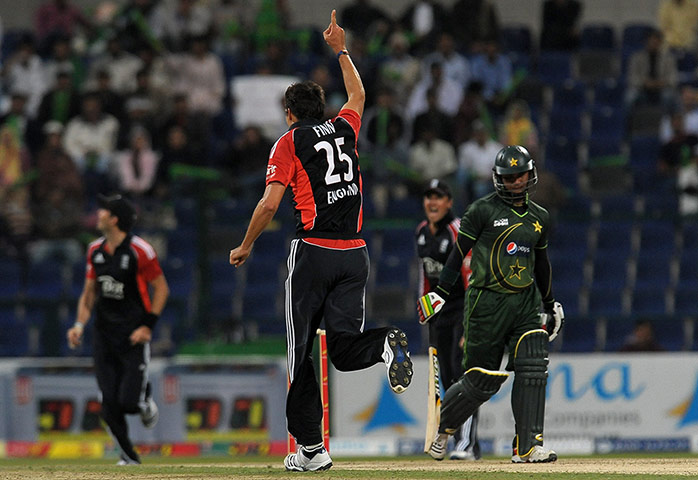 First ODI: England's Steven Finn celebrates after he dismissed Pakistan's Imran Farhat