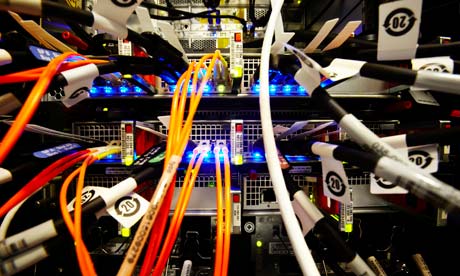 Close up of cables connected to a server.