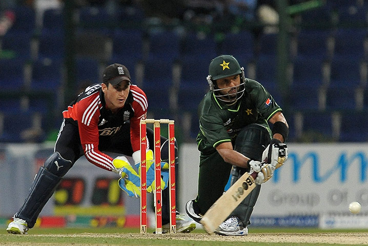 1st One Day International: Pakistan's Shahid Afridi plays a shot as England's Craig Kieswetter watches