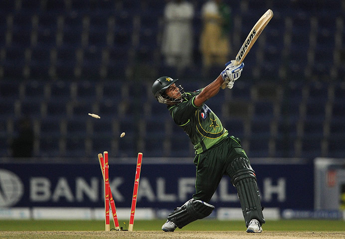 2nd ODI: Aizaz Cheema of Pakistan is bowled by Steven Finn of England 