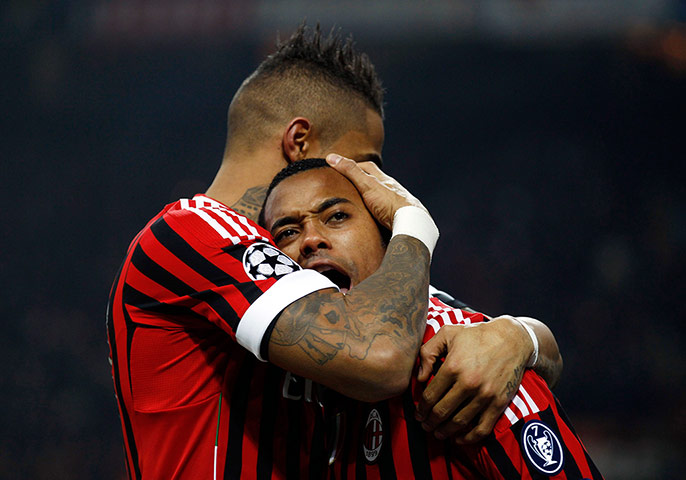 Champions League Wed: AC Milan's Robinho celebrates with Boateng after scoring against Arsenal