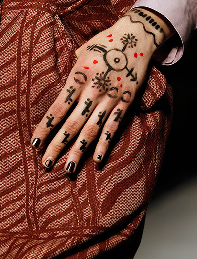 London Fashion Week: A close up of the design on the hand of a model Vivienne Westwood