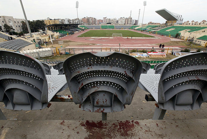 Port Said clashes: Blood is seen on a chair after clashes at the Port Said stadium 