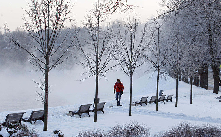 Europe weather: Snow tree-lined street near the Neris river in the Vilnius, Lithuania