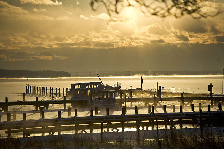 Europe weather: Cold mist over Faroe Bridges of Vordingborg, Copenhagen