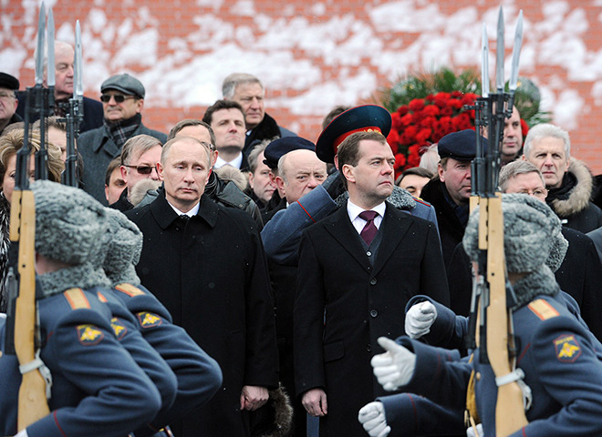 Putin presidential rally: Vladimir Putin and Dmitry Medvedev review troops at wreath-laying ceremony