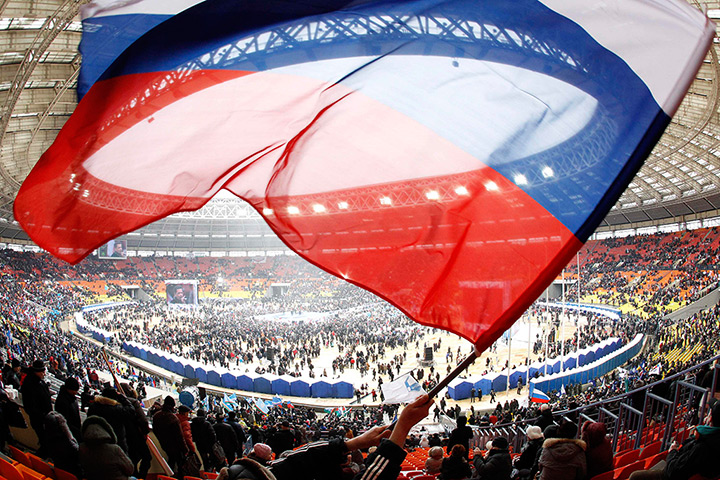 Putin presidential rally: People take part in a rally to support Vladimir Putin at Luzhniki stadium