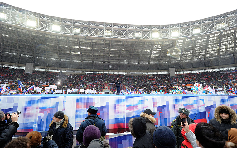 Putin presidential rally: Vladimir Putin delivers a speech at the Luzhniki stadium