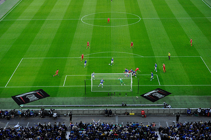 Carling Cup Final: A goalmouth scramble at the Cardiff end during the Carling Cup final