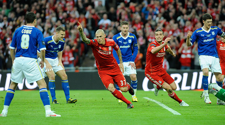 Carling Cup Final: Liverpool's Skrtel celebrates scoring against Cardiff City