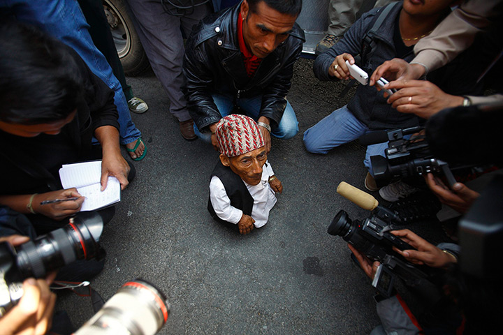World's shortest man: Dangi speaks to the media at Tribhuvan Airport on his arrival 