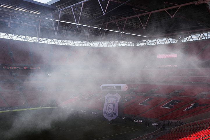 Carling Cup: Smoke fills in the stadium in a dress rehearsal of the pre-match show
