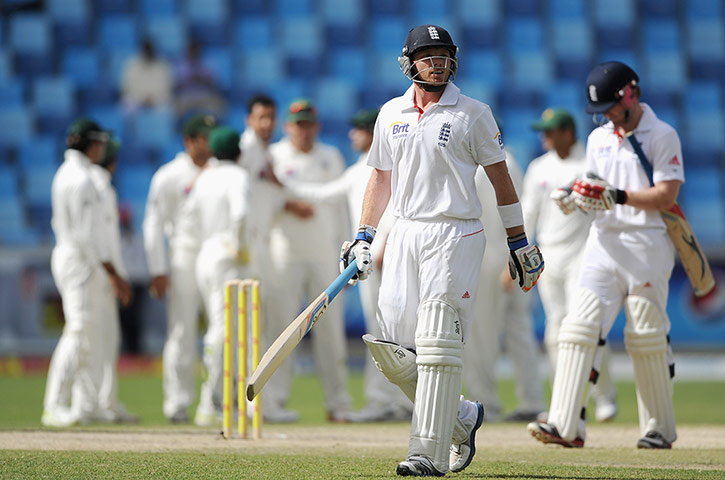 Third test: England's Ian Bell leaves the field after being dismissed by Umar Gul