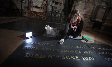 The gravestone of Charles Dickens at Westminster Abbey is cleaned