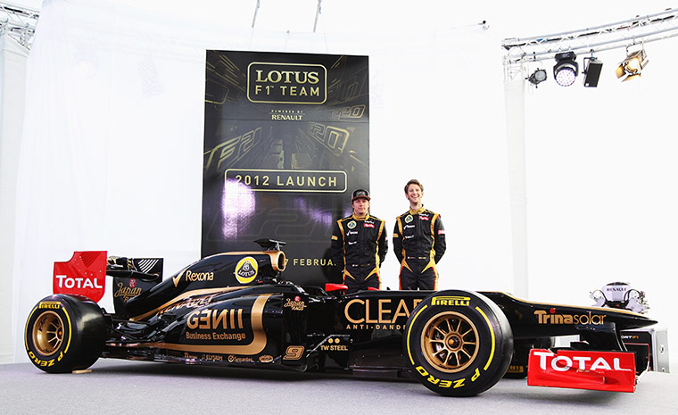 F1 2012 cars: Kimi Raikkonen and Romain Grosjean attend the launch of the new Lotus E20