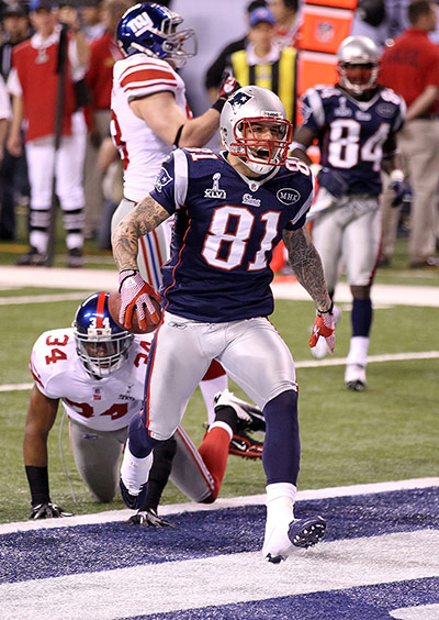 Superbowl replacements: Aaron Hernandez celebrates scoring a touchdown for the New England Patriots