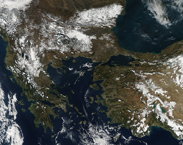 Satellite eye on earth: A covering of snow laid across much of the Balkans and Turkey