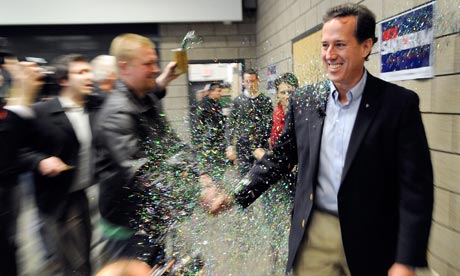 Rick Santorum is glitter-bombed during a campaign rally at the ...