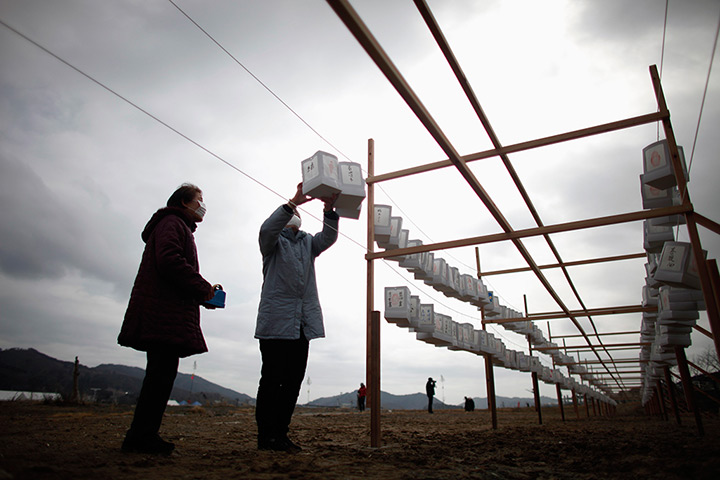 Japan anniversary: Local residents hang lanterns at a memorial site in Ofunato