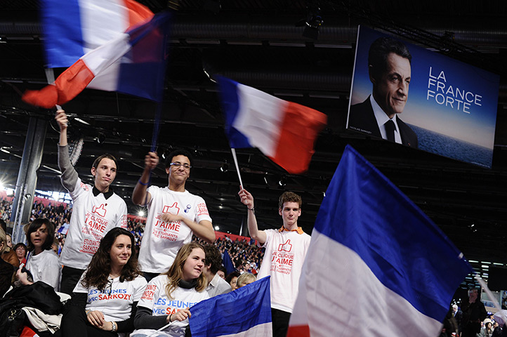 Sarkozy rally: Supporters of Sarkozy attend the campaign meeting