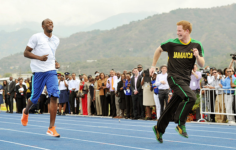 Prince Harry on tour: 6 March: Prince Harry is first out of the blocks against Usain Bolt