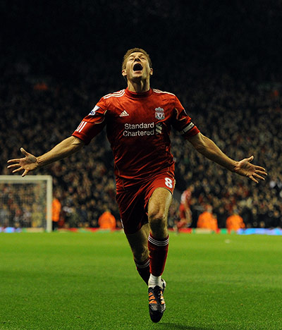 Liverpool v Everton: Steven Gerrard celebrates after scoring against Everton