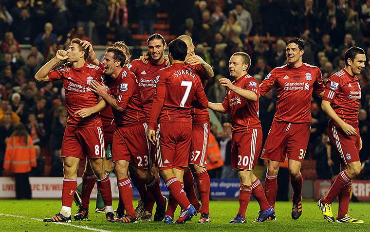 Liverpool v Everton: Steven Gerrard celebrates scoring his third goal against Everton