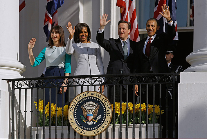 Cameron in US: Barack Obama, David Cameron, Michelle Obama and Samantha Cameron wave
