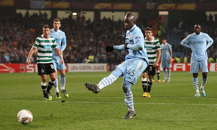 City v Sporting: Mario Balotelli scores a penalty against Sporting Lisbon